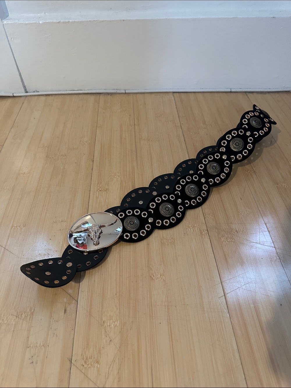 Black Studded Western-Style Leather Belt with Silver Longhorn Buckle
